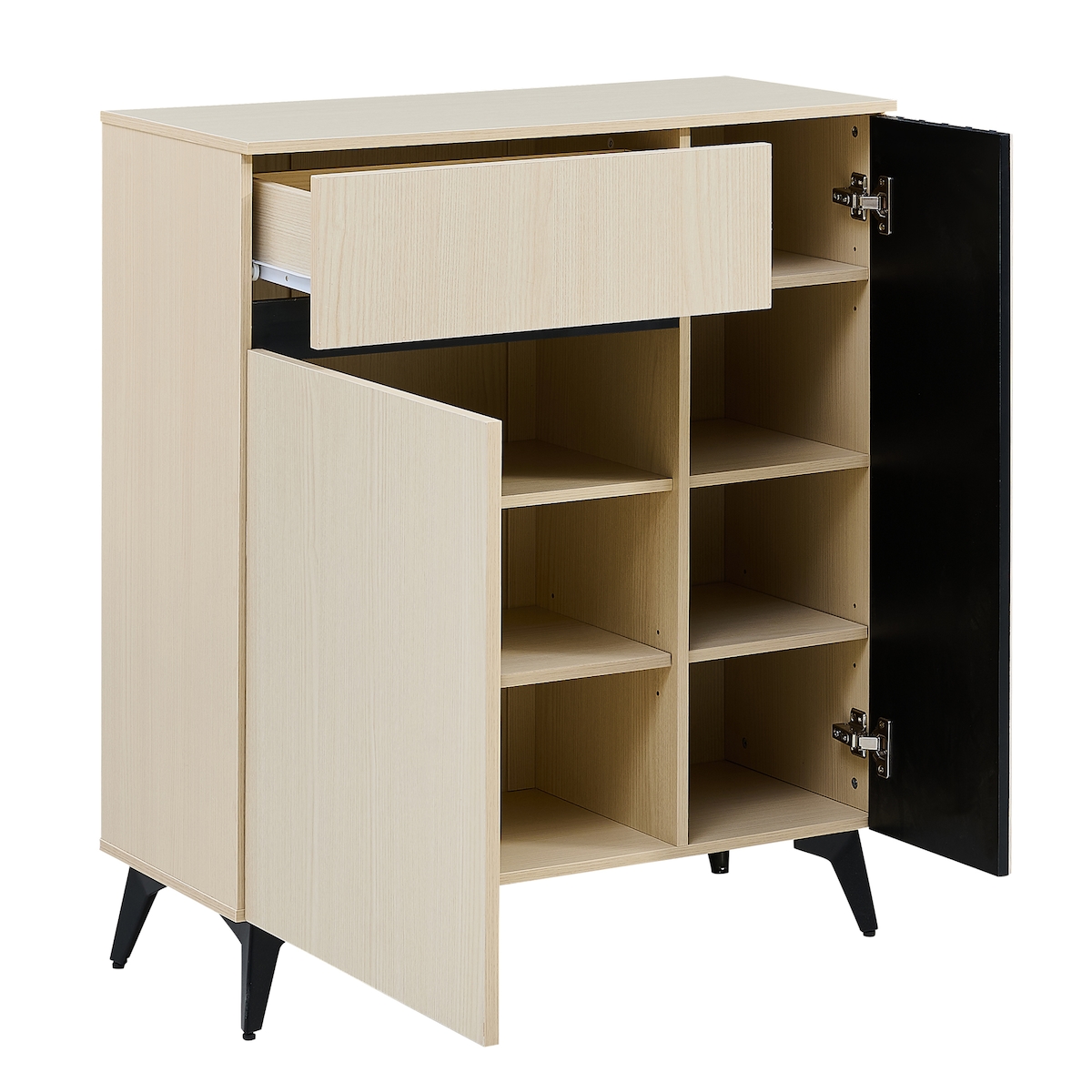 MODFU Schuhschrank Sideboard 75x35x90 cm mit 2 Türen und 1 Schublade, verstellbaren Einlegeböden, MDF, Helle Holzfarbe+Schwarz Image