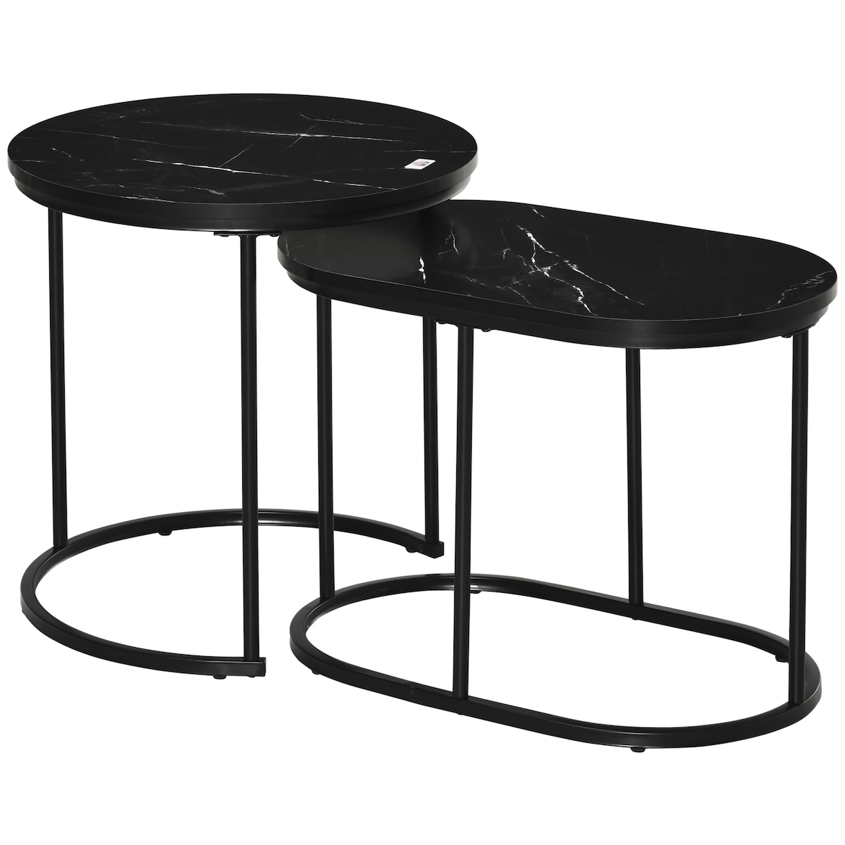 OKWISH Couchtisch 2er Set rund und oval 50x50x51 cm Schwarz stapelbar mit verstellbaren Füßen Marmoroptik MDF Tischplatte Stahlgestell Image