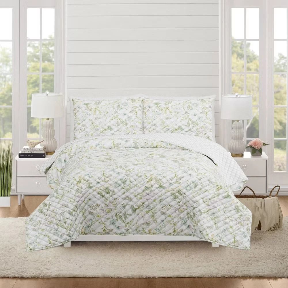 Botanical Floral Green Full Queen Quilt Set, Bedding, Reversible, Soft Polyester, Machine Washable Botanical Floral Green Full Queen Quilt Set, Bedding, Reversible, Soft Polyester, Machine Washable