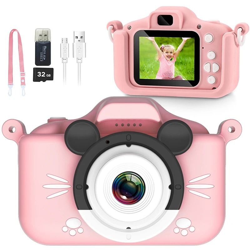 Kids Camera HD Digital Video Toddler Camera With Silicone Cover & 32GB SD Card d Pink 32g Tf Card