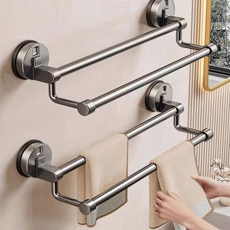 Bathroom Space Aluminum Double Rod Towel Rack Punch free Storage Shelf grey double 40cm
