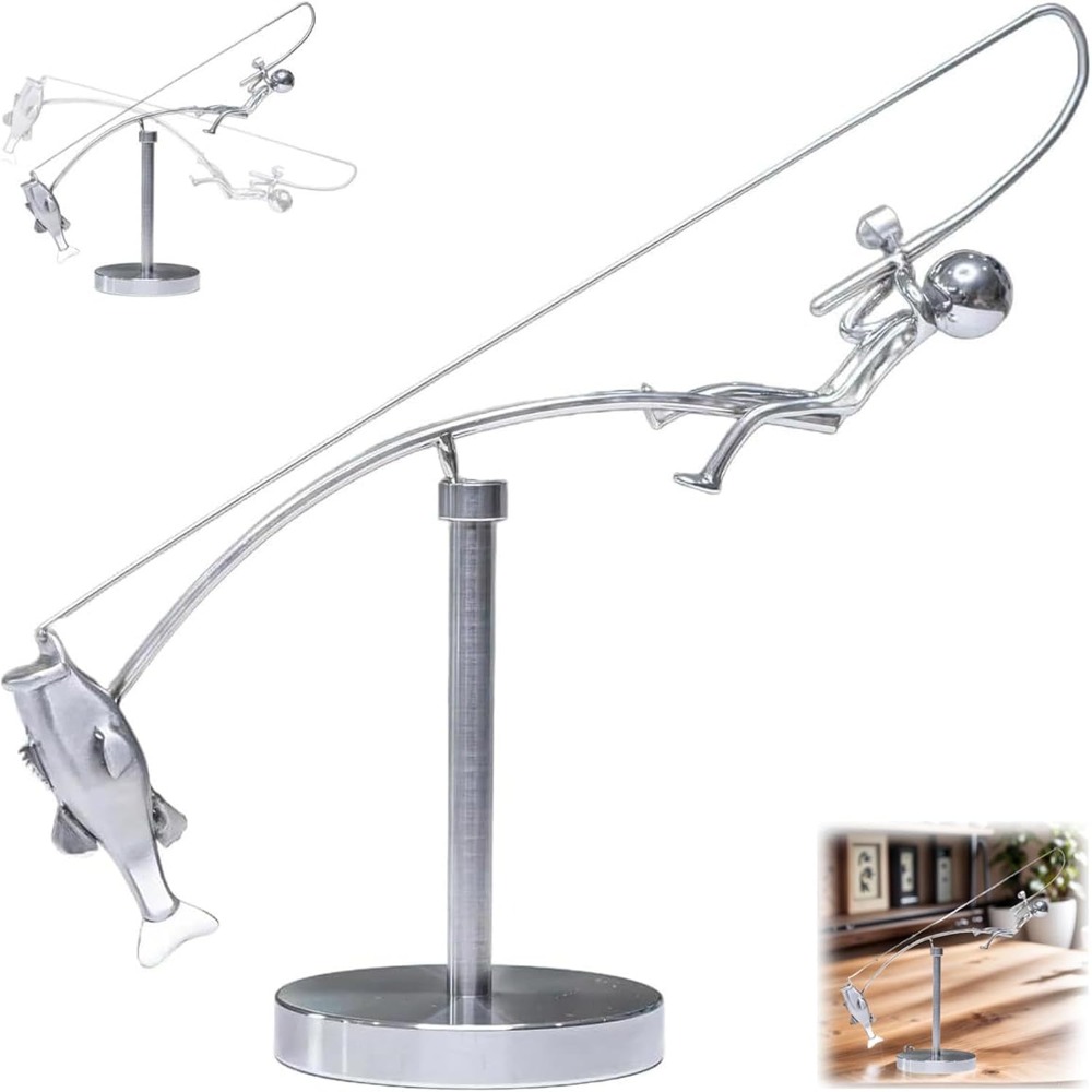 Metal Fisherman Balancing Sculpture, Handmade Kinetic Fishing Statue Desk Ornament Gift For Fisherman Lovers Metal Fisherman Balancing Sculpture, Handmade Kinetic Fishing Statue Desk Ornament Gift For Fisherman Lovers