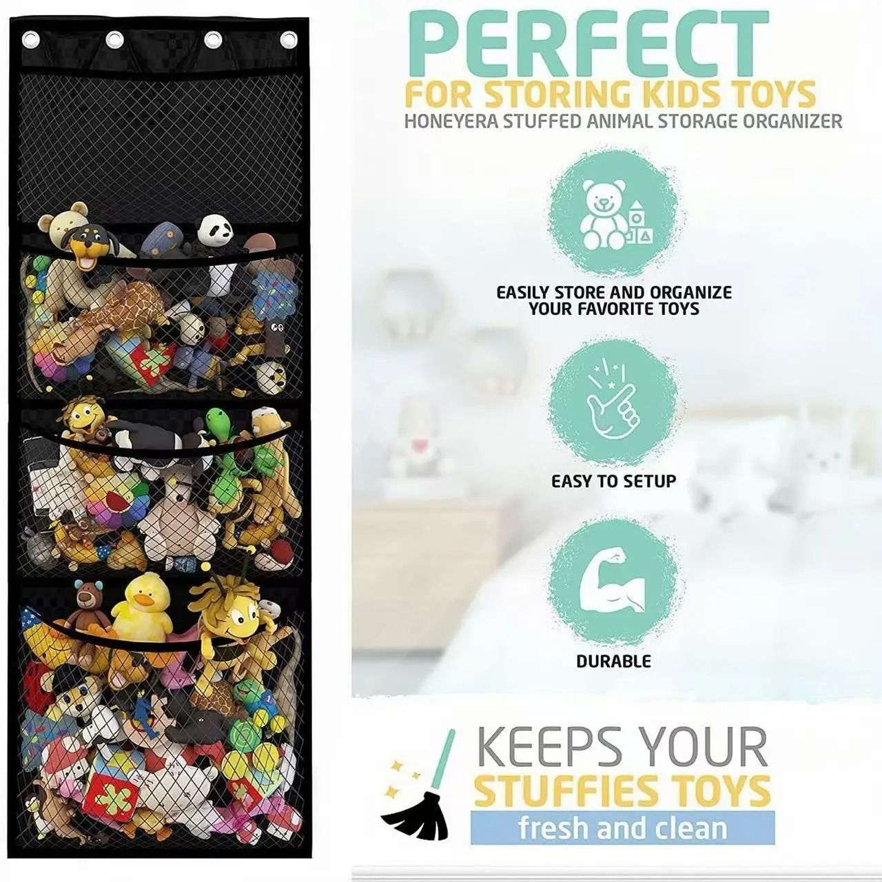 Over Door Plush Toy Storage Hanging Organizer Bag For Kids Rooms black 165x60 Cm 4 Cells