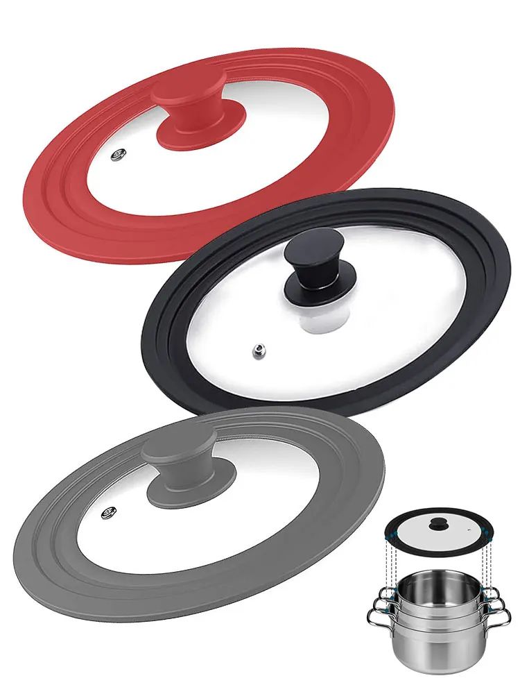 Universal Glass Pot Lid With Silicone Rim Fits 24cm, 26cm & 28cm Pots And Pans red