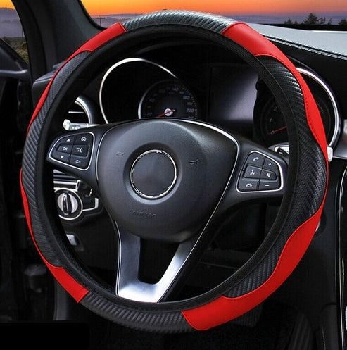 Red & Black Leather Car Steering Wheel Cover, Anti slip Carbon Fiber, Universal Fit Red & Black Leather Car Steering Wheel Cover, Anti slip Carbon Fiber, Universal Fit