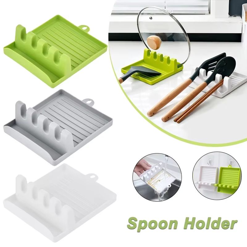 Multi Function Kitchen Utensil Organizer With Spoon Holder, Fork And Spatula Rack, And Non Slip Lid Rest green