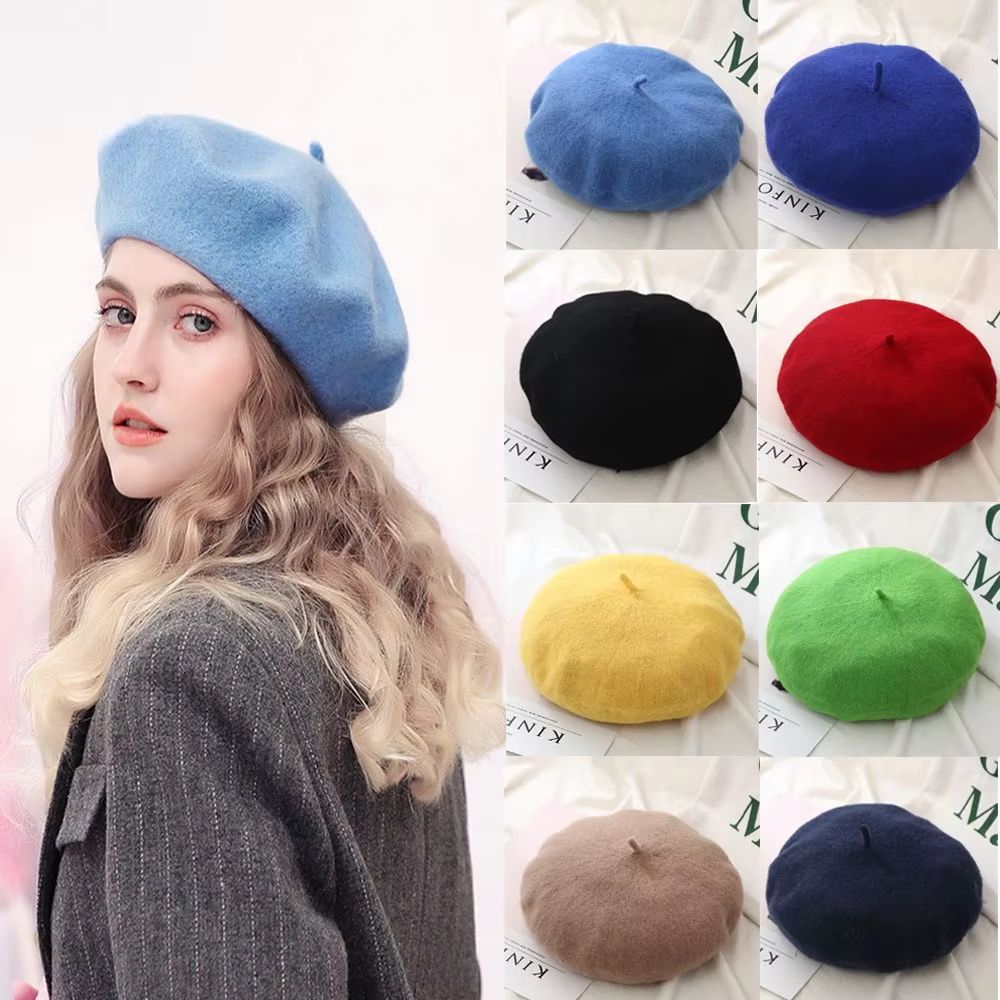 Women And Girls Wool Beret Hat Baggy Beanie Flat Cap Style, Soft Felt Look For Autumn And Winter Outfits dark Green