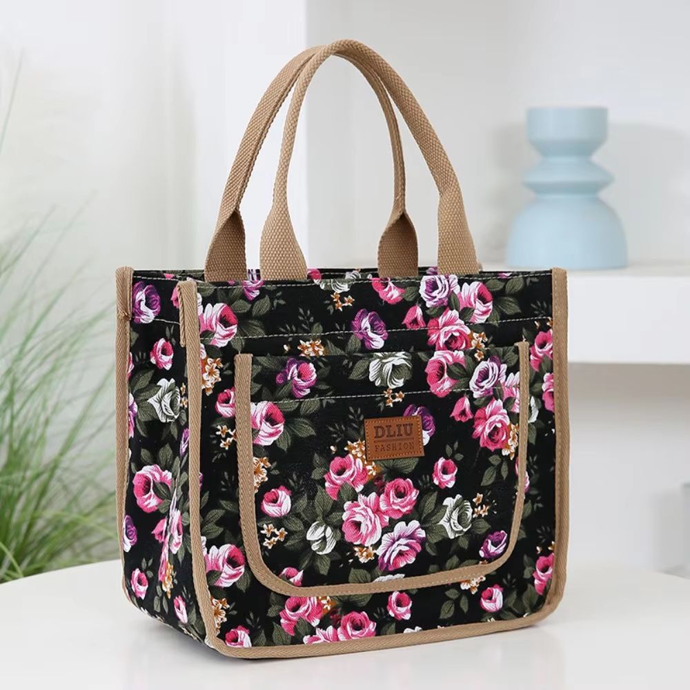 ThermaFlora Large Floral Print Insulated Lunch Bag With Portable Ice Pack beige