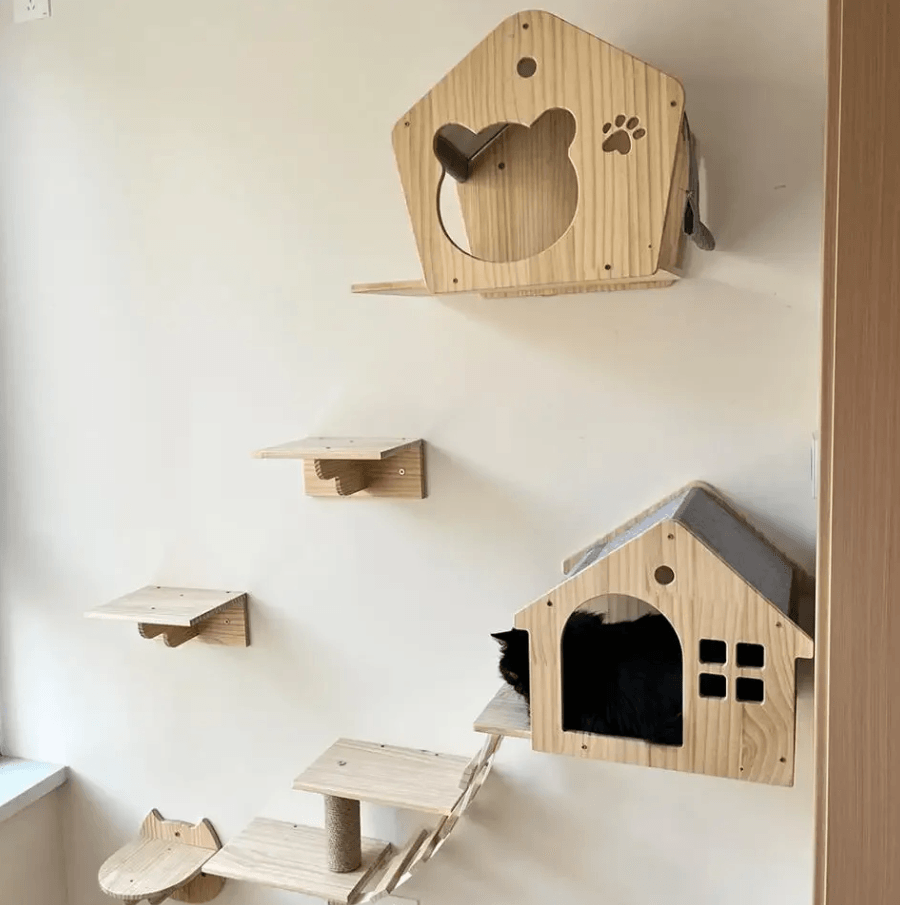 Wall Mounted Wooden Cat Climbing Shelves With Sisal Scratching Post Hammock And Pedals e pedal