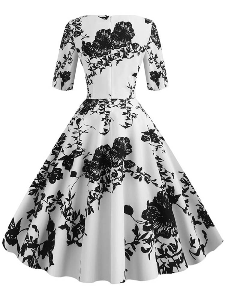 Half Sleeve Black Summer Women Dress, Floral Print Vintage Party Dresses, Casual Retro A Line Vestidos black s