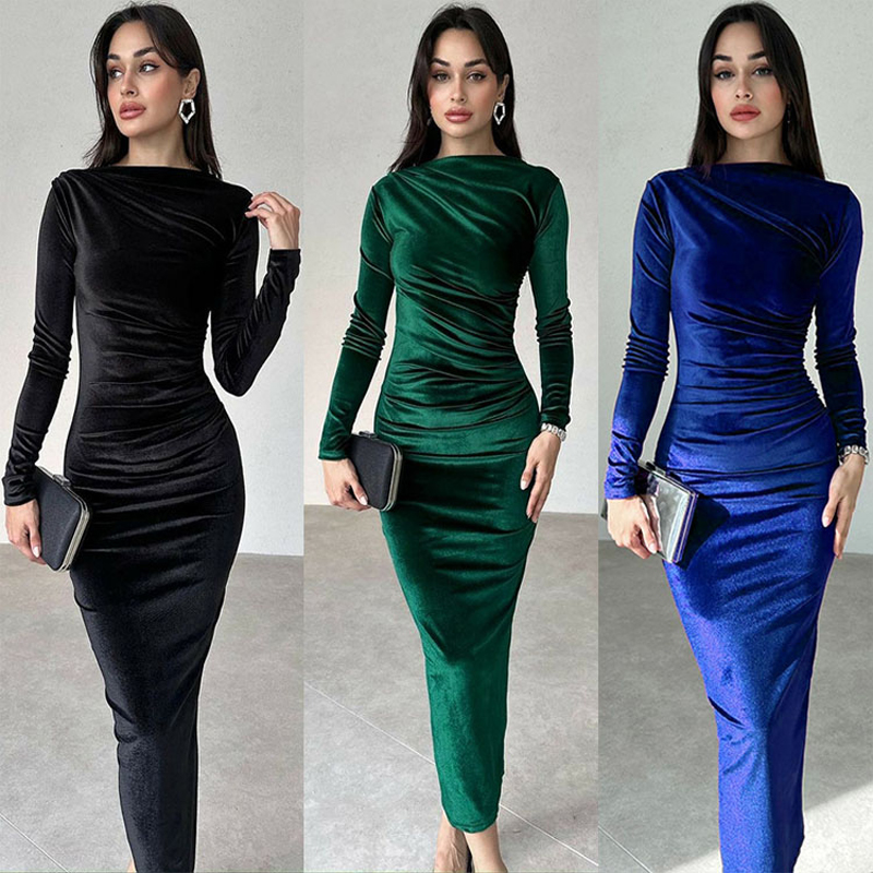 Elegant Party Clothes, Midi Dress For Women Ruched Long, Evening Green Outfits green l