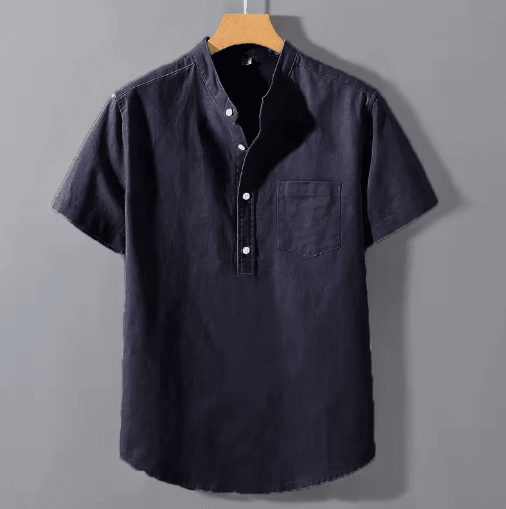 Mens Short Sleeve Stand Collar T Shirt Breathable Loose Cotton Summer Top With Pocket light Blue xl