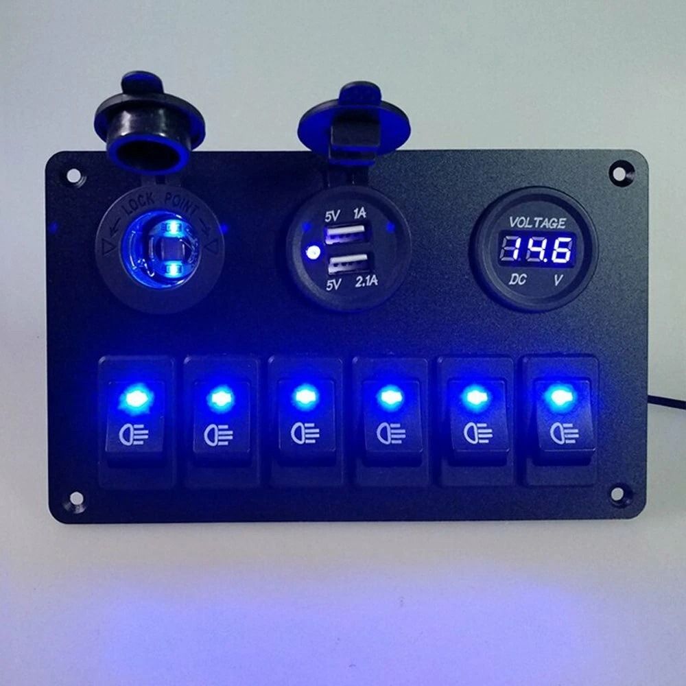 Waterproof Gang LED Rocker Switch Panel With Circuit Breaker, Dual USB Ports, Car, Marine, Boat, Voltage Display Waterproof Gang LED Rocker Switch Panel With Circuit Breaker, Dual USB Ports, Car, Marine, Boat, Voltage Display