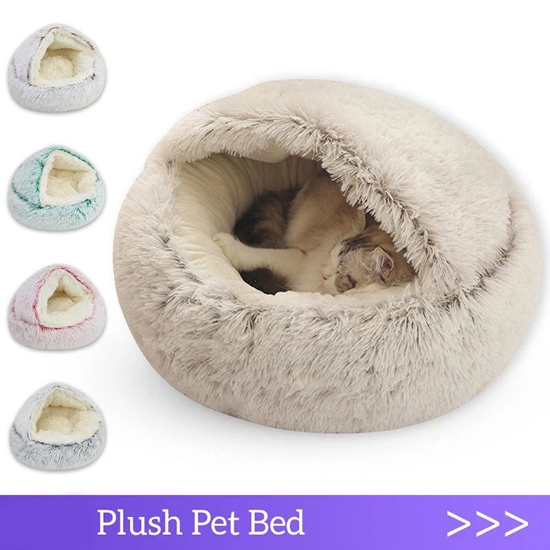 Plush Round Cat Bed With Cover grey