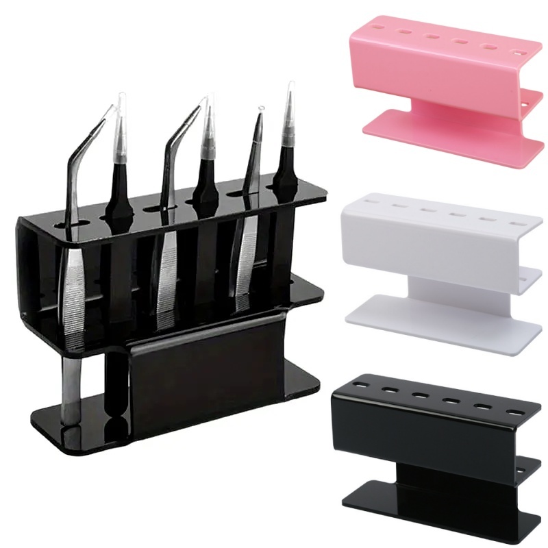 Professional Eyelash Extension Display Stand, 6 Hole Acrylic Tweezer Storage Rack, Makeup Tools Organizer black