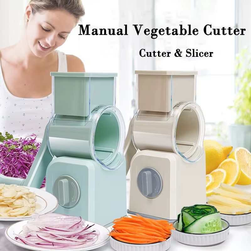Manual Drums Vegetable Cutter With 3 Blades Multifunctional Slicer For Potatoes, Carrots, Garlic And More beige