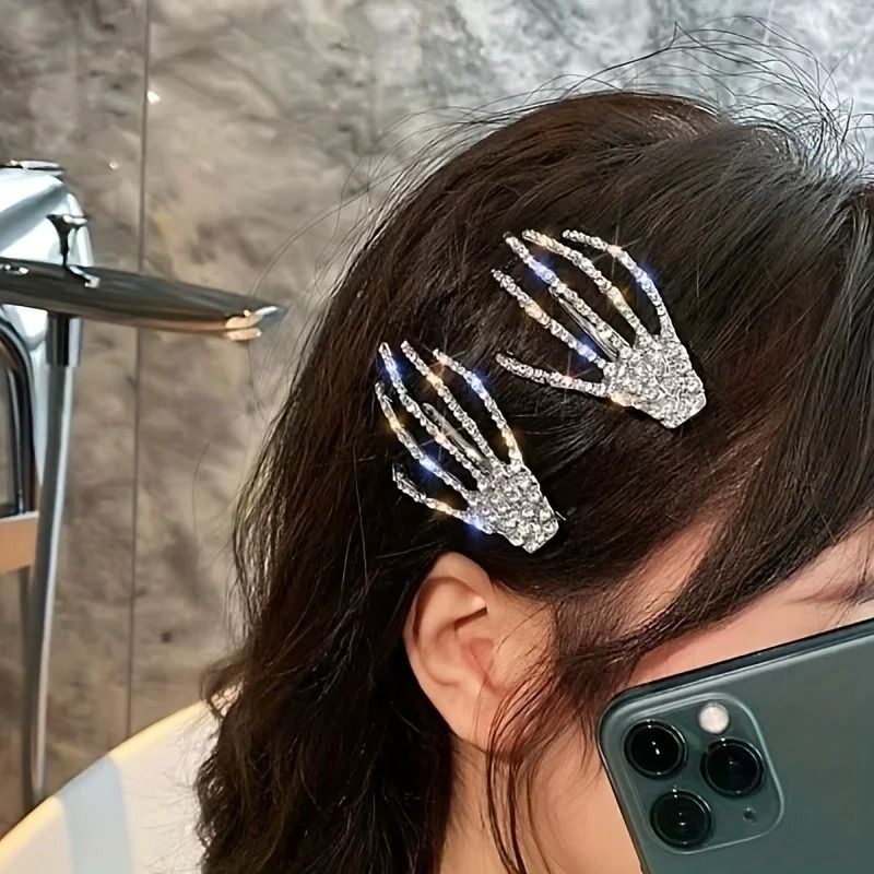 2 Piece Rhinestone Skeleton Hand Hair Clips 2pcs
