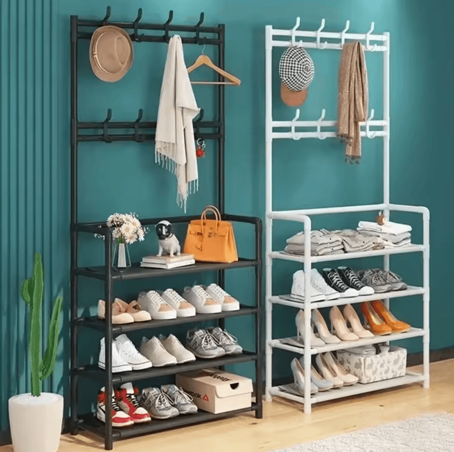 Multi Layer Clothes & Shoe Rack | Floor Standing Organizer With DIY Doorway Hanger Shelf 5 Layers white B