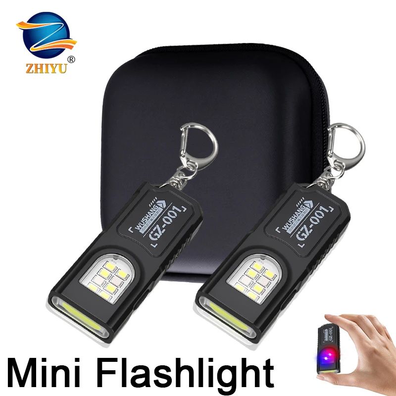 Mini COB LED Keychain Flashlight USB Rechargeable Waterproof Pocket Work Light Keyring Lamp For Camping, Walking & EDC 2 Pcs
