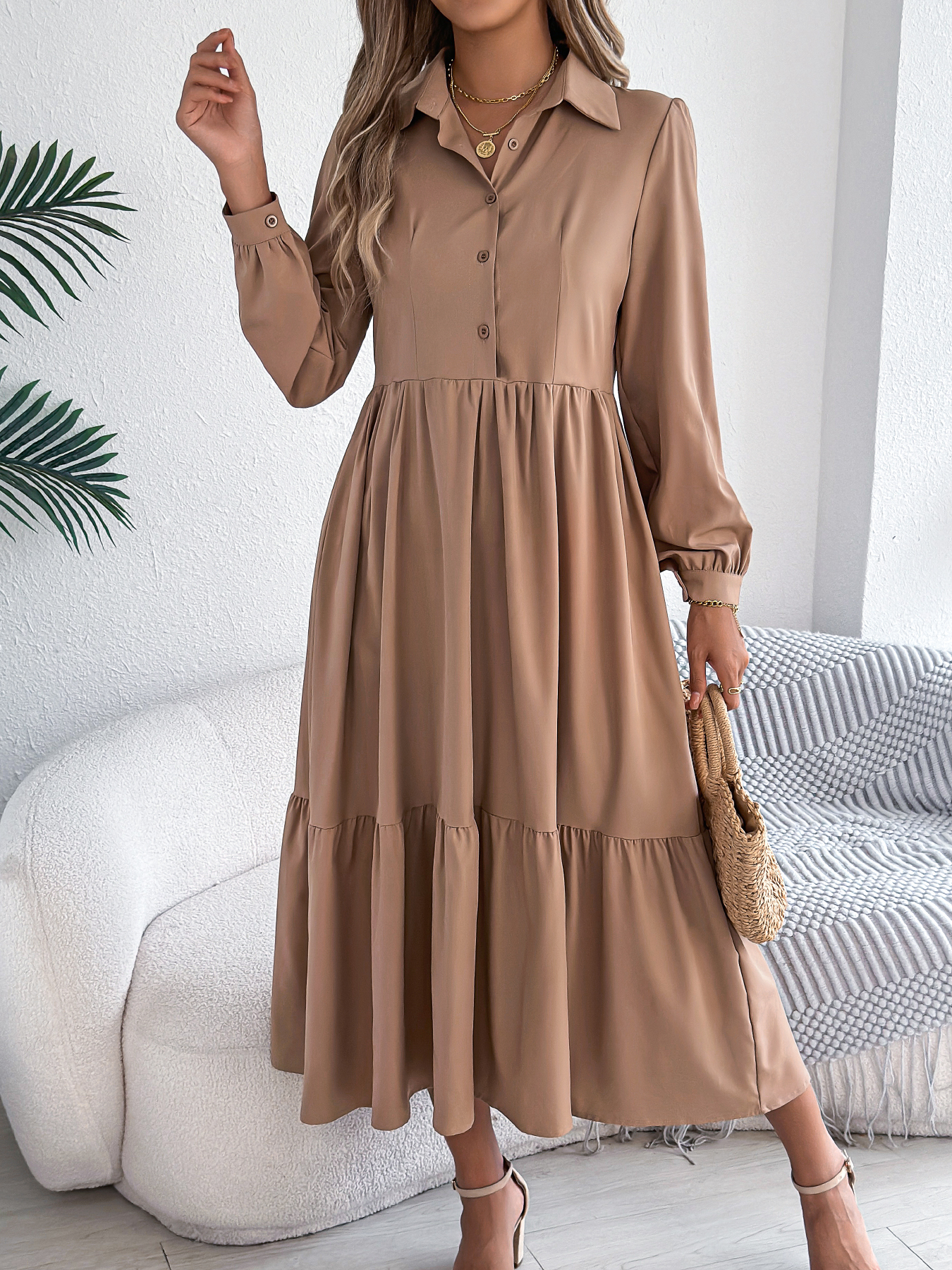Spring And Autumn Casual Vacation Long Sleeved Turn down Collar Single Breasted Dress For Women dark Green xl