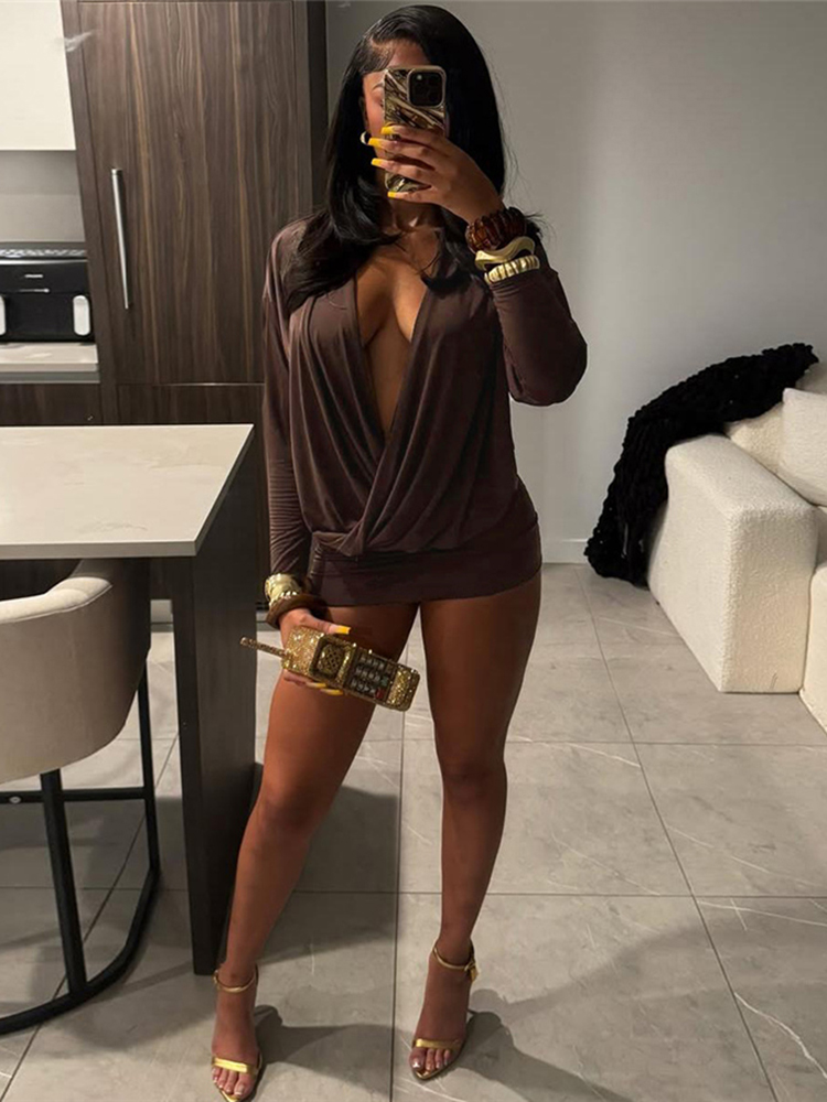 Sisterlinda Women's Elegant Deep V Neck Mini Dress, Full Sleeve Skinny Peach Hip, Sexy Fashion Bodycon For Midnight Club l