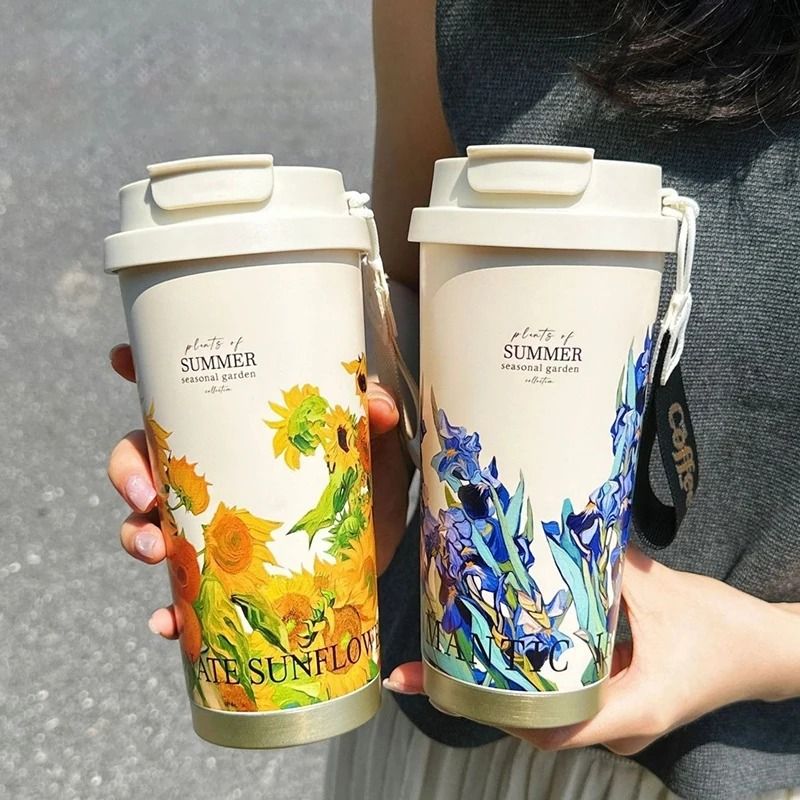 500ml Flower Pattern Insulated Coffee Cup Stainless Steel Double Wall Vacuum Travel Mug white Rose