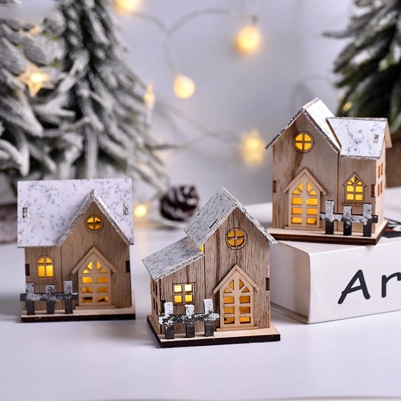 Luminous Cabin Christmas LED Light Wooden House, Merry Christmas Decorations For Home, DIY Xmas Tree Ornaments, Kids b