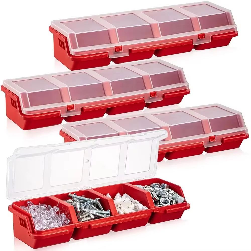 4 Compartment Parts Storage Box With Lid, Clear Screw Organizer Box For Small Hardware, Crafts, And Tool Parts red