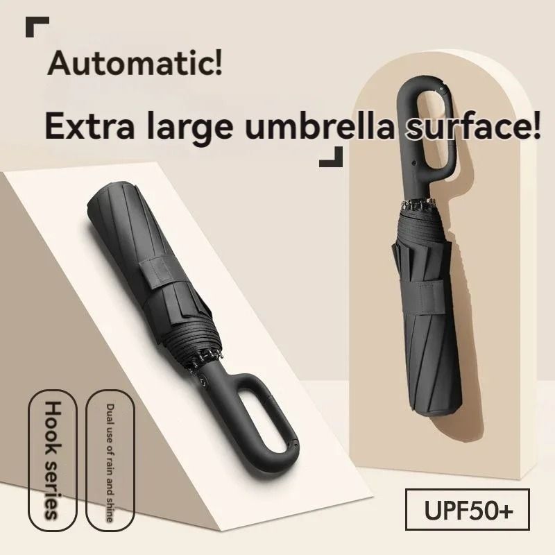 Fully Automatic Extra Large Windproof Umbrella Innovative Ring Buckle Handle & Dual Layer UV Protection black