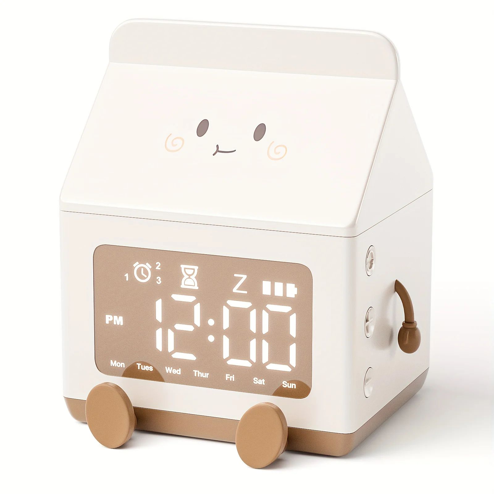 Cute Milk Box Digital Alarm Clock Mini LED Date Display, Countdown Timer, Silent Triple Alarm, Rechargeable brown