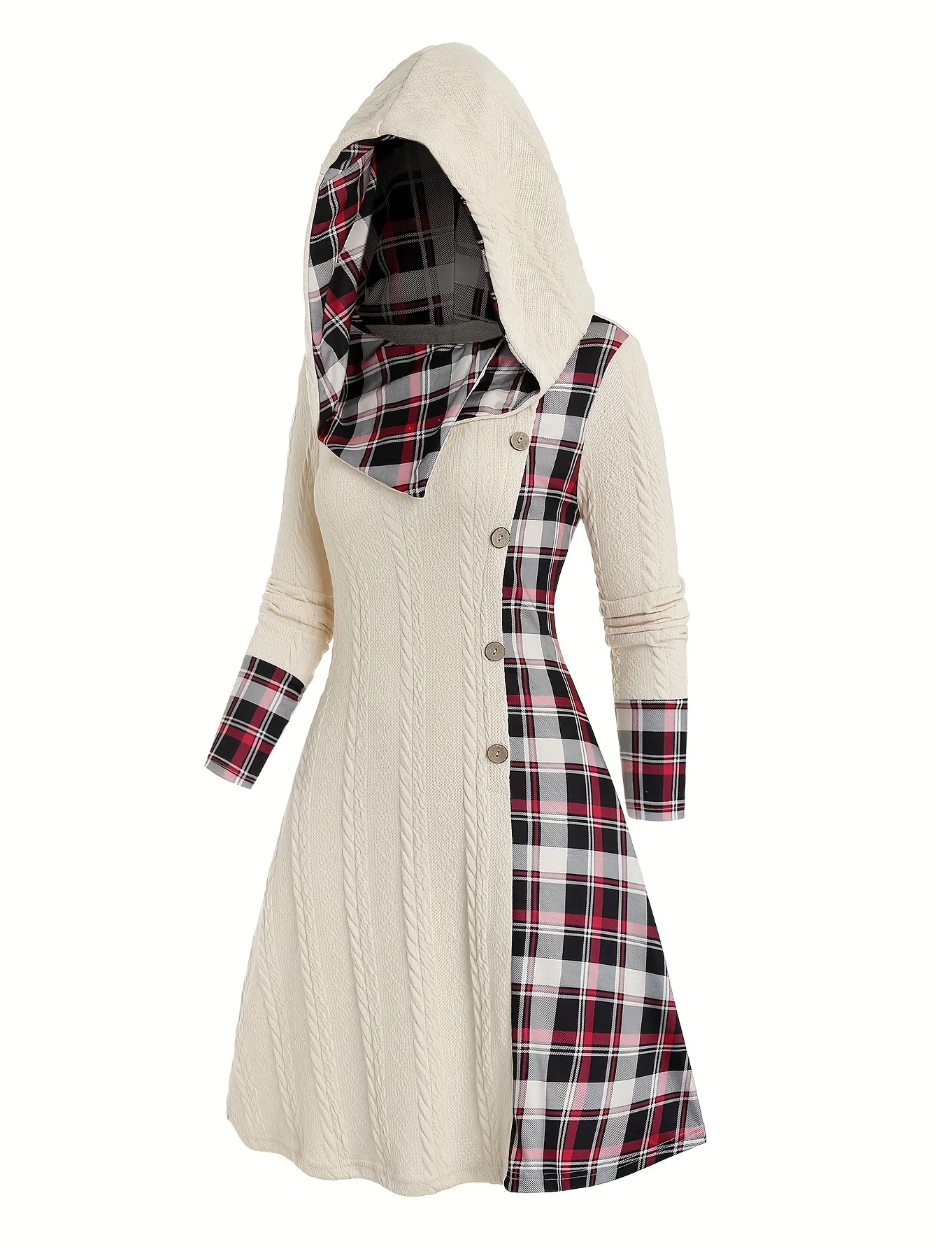 Plaid Print Knitted Hooded Dress, Fake Buckle High Waist, Long Sleeve A line Dress creamy White l