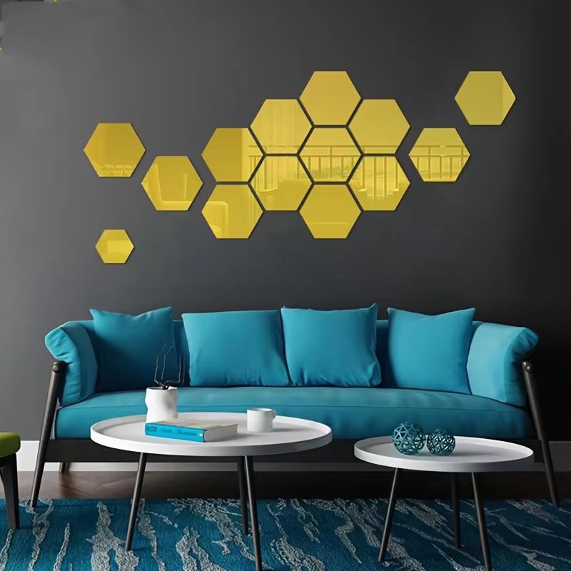 12Pcs Hexagon Acrylic Mirror 3D Wall Sticker For Living Room And Home Decoration silver s
