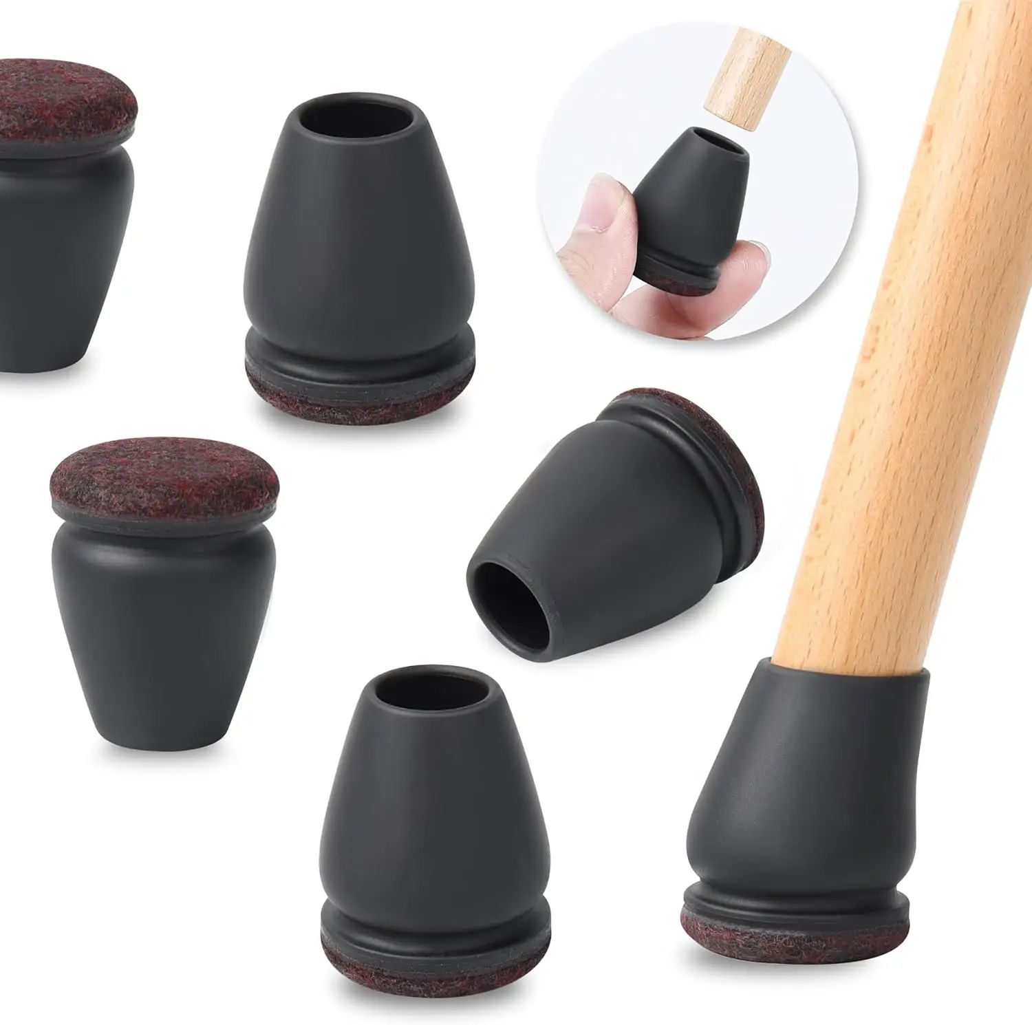 15 Diagonal Chair Leg Floor Protectors With Thick Felt Wrap (8 Pack) Silicone Caps For Hardwood Floors l (27 35mm) Black