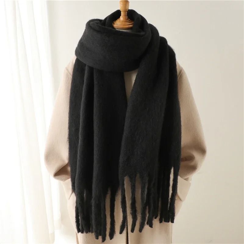 Luxury Winter Cashmere Feel Scarf Extra Long Solid Pashmina Wrap & Thick Tassel Shawl khaki
