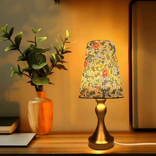 Table Lamp With Golden Base And Floral Fabric Shade USB Powered 3 Tone Dimmable Ambient Light c white