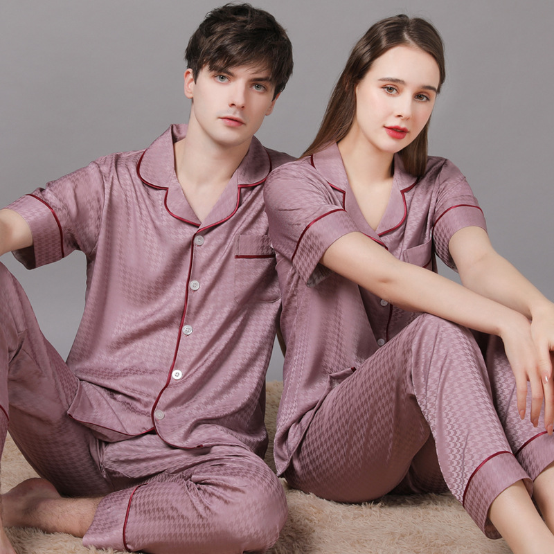 Summer Short Sleeve Couple Pajamas Suit Men Ice Silk Satin Long Pant Sleepwear High Quality Couples Set red men Xl 70 80kg