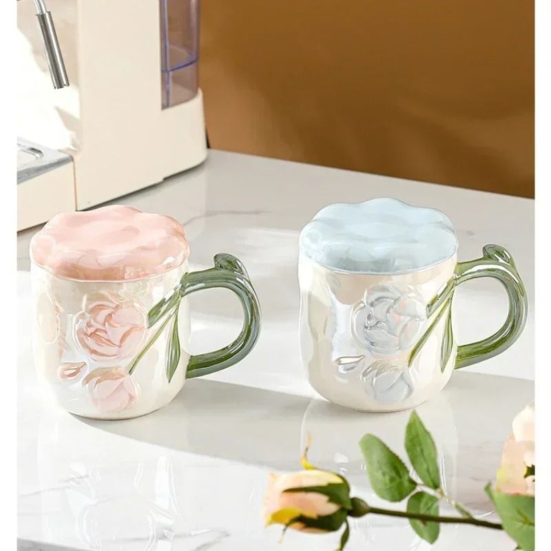 Hand Painted Relief Rose Ceramic Mug Romantic Ins Style Coffee & Tea Cup With Lid pink