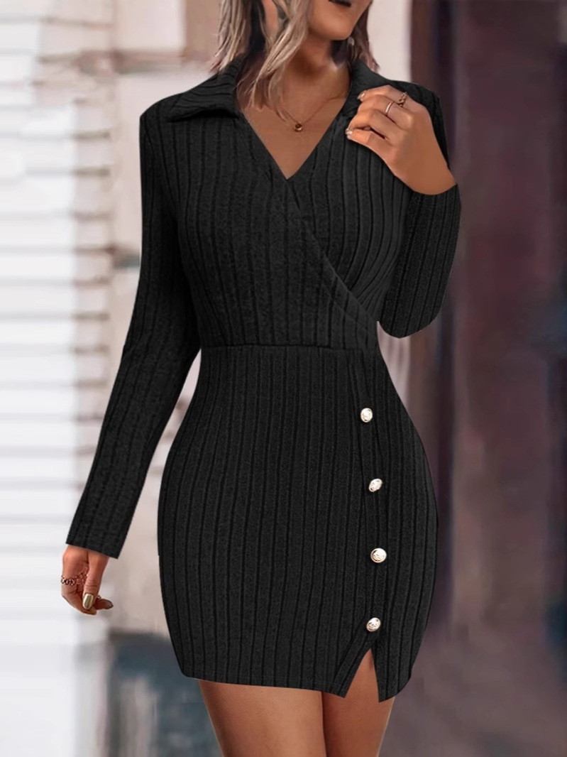 V Neck Fitted Bodycon Long Sleeve Dress, New Autumn And Winter Solid Color Women Dress From Europe And America black xl