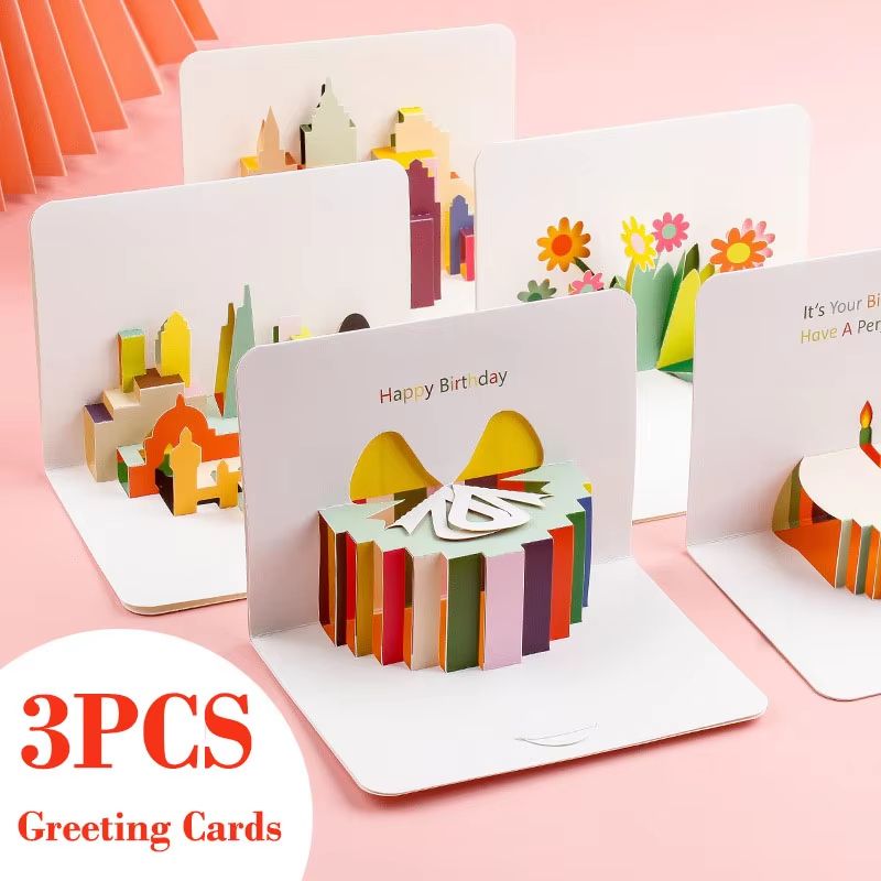 3D Pop Up Birthday & Celebration Greeting Cards With Envelopes birthday Cake Candle Slice 3pc