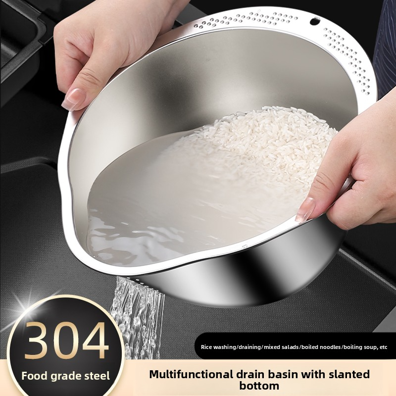 Rice Washing Bowl Stainless Steel Strainer Colander For Rice And Fruit Vegetable Cleaning silver