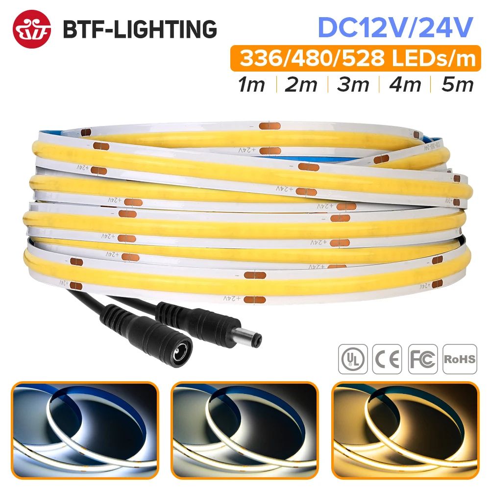 FCOB High Density COB LED Strip Light (RA90), 12V 24V Linear Dimmable Warm Natural Cool White 3000k Warm White 24v 480 Leds 5m