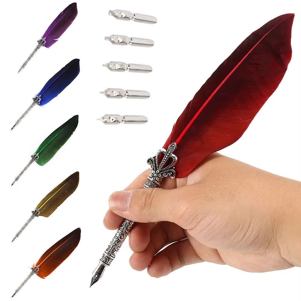 Vintage English Calligraphy Feather Quill Pen Writing Set wine Red