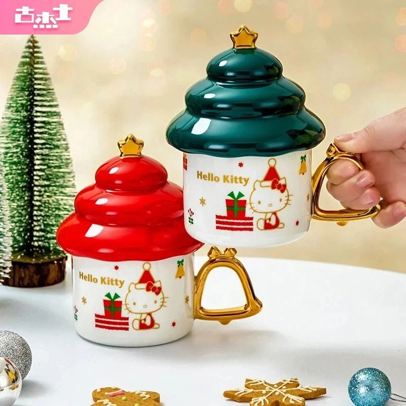 Sanrio Creative Christmas Tree Shape Hello Kitty Ceramic Mug 340ml Household Milk & Coffee Cup green