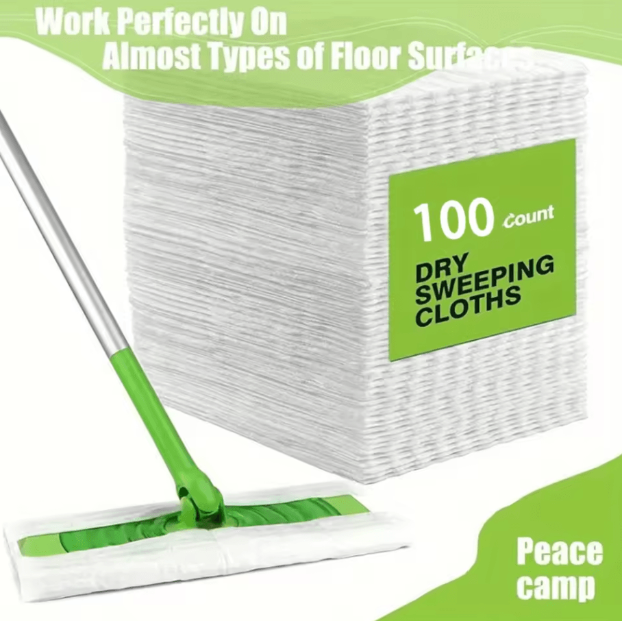 100 Pcs Dust Removal Paper & White Aluminum Pole Flat Dust Mop Multi Surface Dry Wet Floor Cleaner 100 Pieces