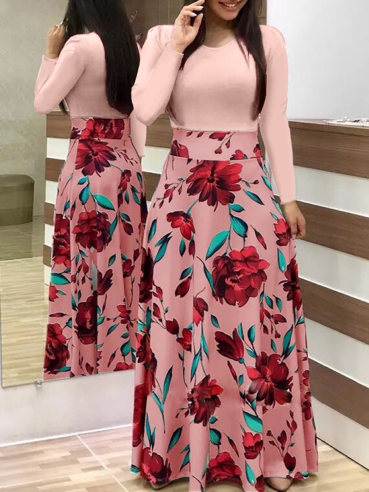 Long Dresses Autumn Flower Color Matching Dresses Women's Clothing green xl