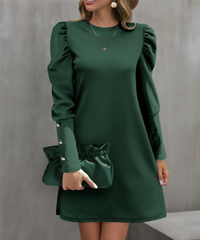 Spring And Autumn Round Neck Bubble Sleeve Dress, Button Decorative Long Sleeve Dress For Women Elegant Daily Wear black xl
