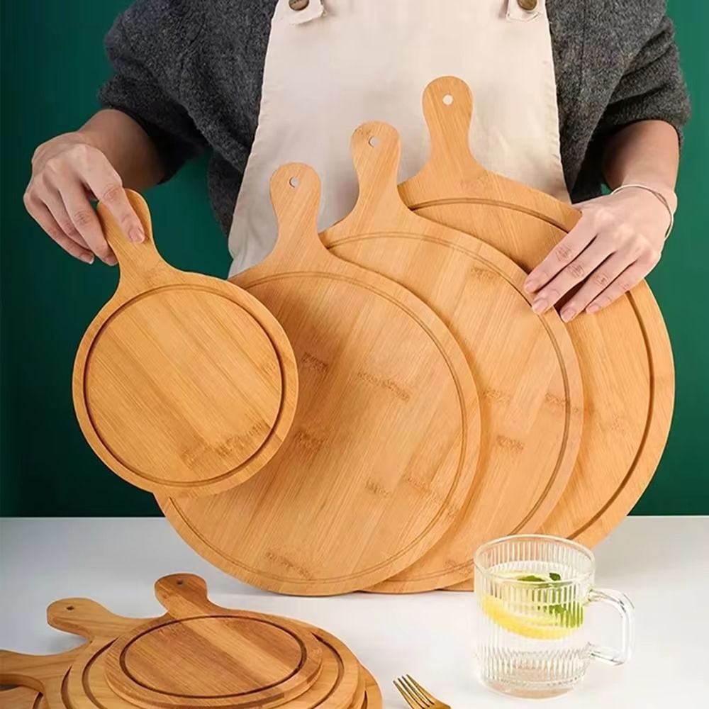 Round Bamboo Pizza Board With Handle 610in Multi Use Serving & Cutting Tray 8 Inch