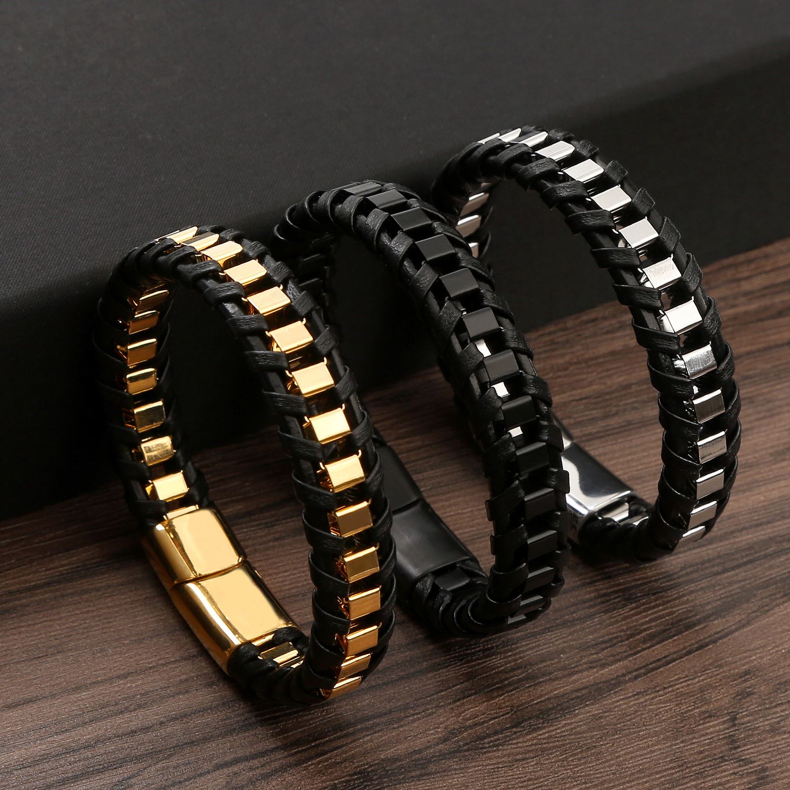 Charming Classic Hand Woven Leather Bracelets For Men, Gold Black Stainless Steel Jewelry, Punk Hip Hop Bracelet Gift gold small