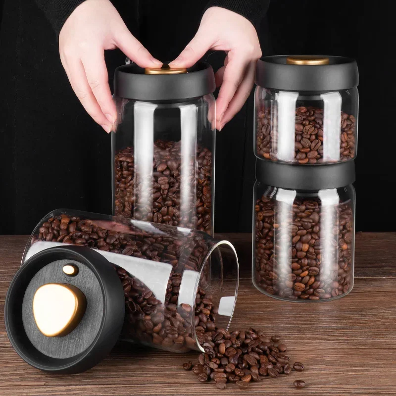 Transparent Glass Coffee Beans Storage Jars, Vacuum Sealed Tank, Airtight Food Storage, Household Moisture proof 900ml