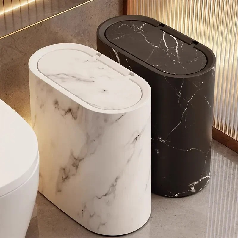 Nordic Marble Texture Odor Proof Press Type Wastebasket Narrow Toilet Trash Bin Bathroom Accessories white